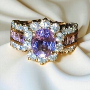 Romantic Amethyst Gold Plated Ring With Cubic Zirconia Accents